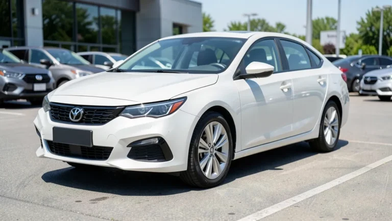 White hybrid sedan parked in a dealership lot representing 2026 hybrid car pricing