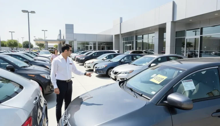 Car salesperson showing a customer the price sticker on a new car at a dealership lot