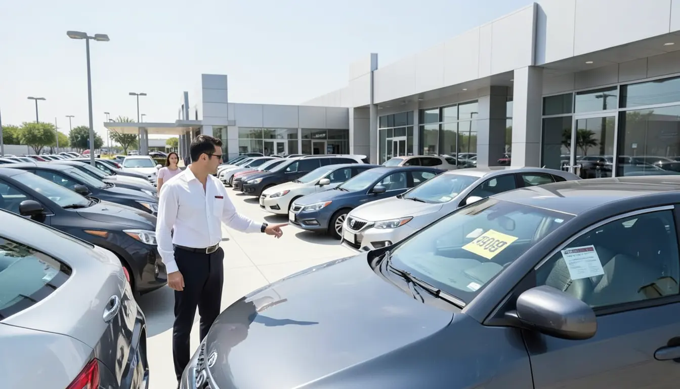 Car salesperson showing a customer the price sticker on a new car at a dealership lot