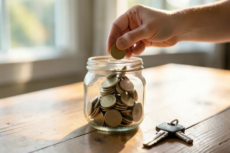 Hand dropping coins into a glass savings jar next to a car key on a wooden table, representing saving for a car purchase