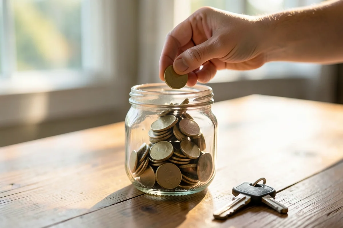 Hand dropping coins into a glass savings jar next to a car key on a wooden table, representing saving for a car purchase