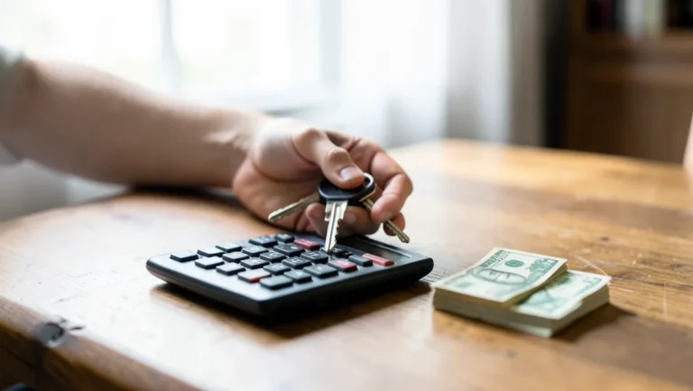 Hand holding car keys next to a calculator and cash while budgeting for a new car