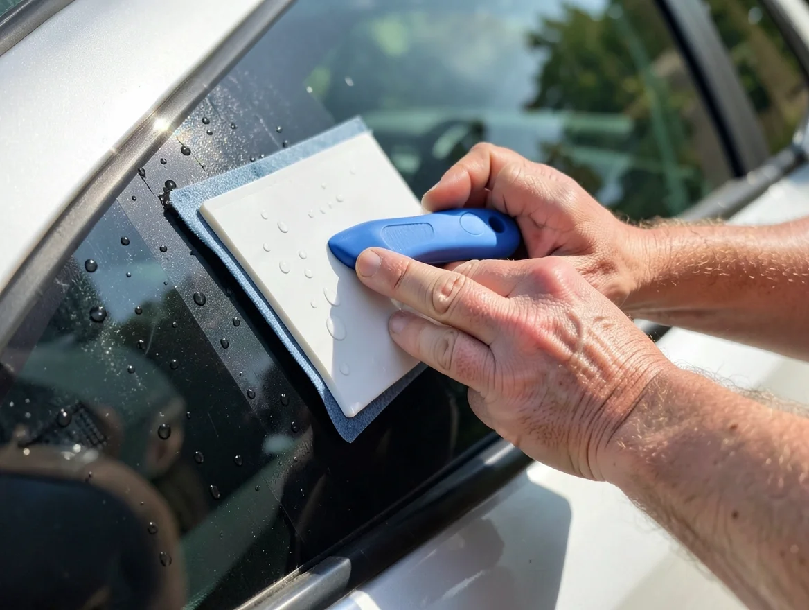 Hands using a squeegee card to smooth air bubbles while applying a vinyl decal to a car window