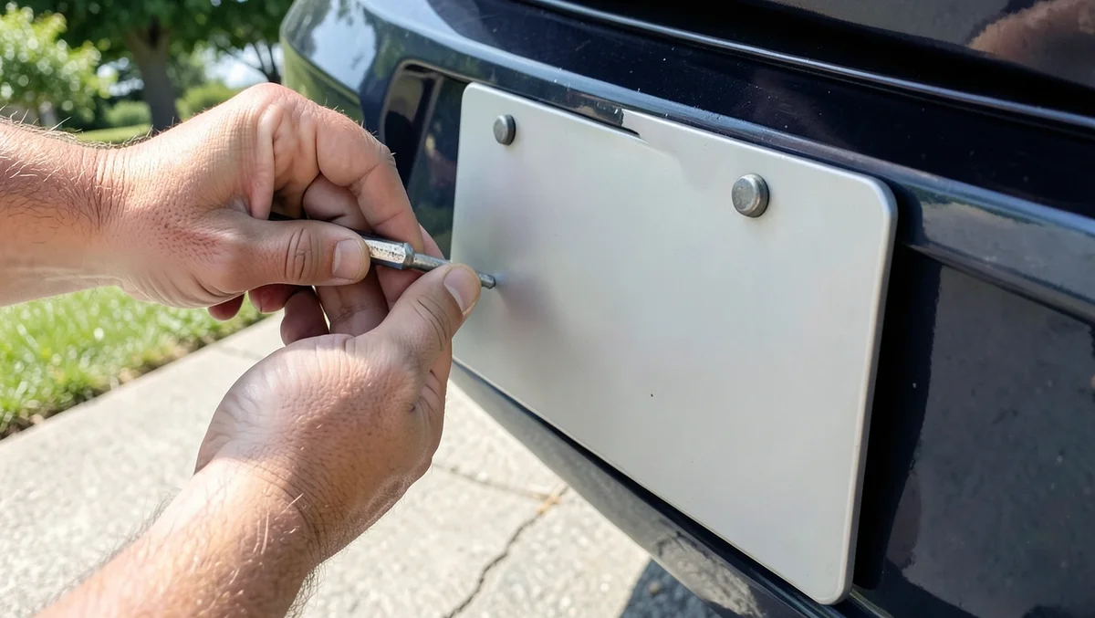 Hands using a screwdriver to install a new license plate onto a car rear bumper