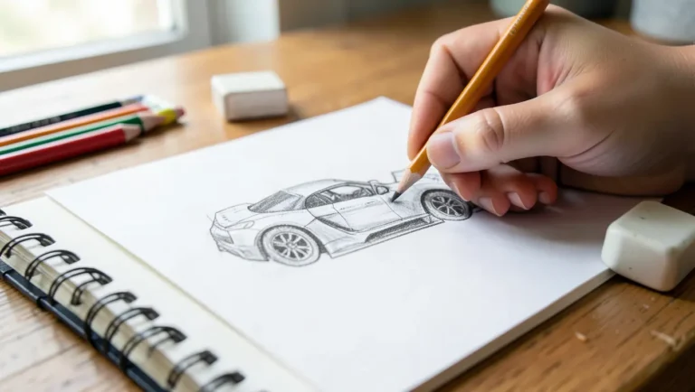 Hand sketching a race car with a pencil in a spiral sketchbook