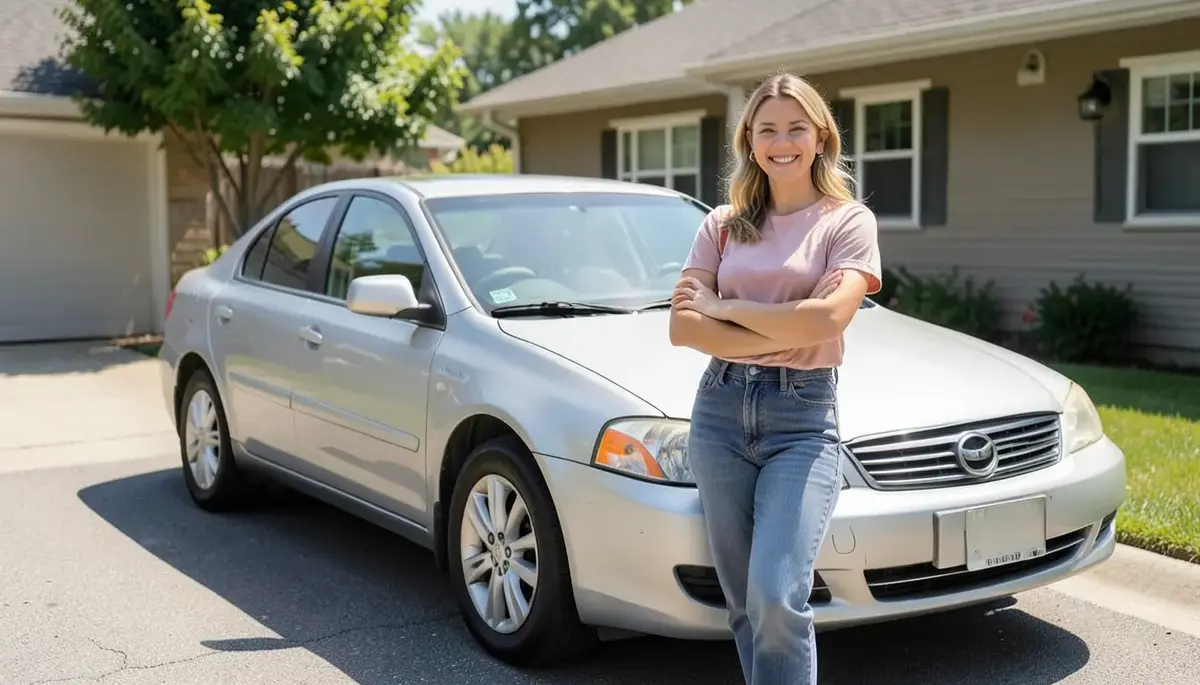 Driver standing next to her car after finding ways to get lower car insurance