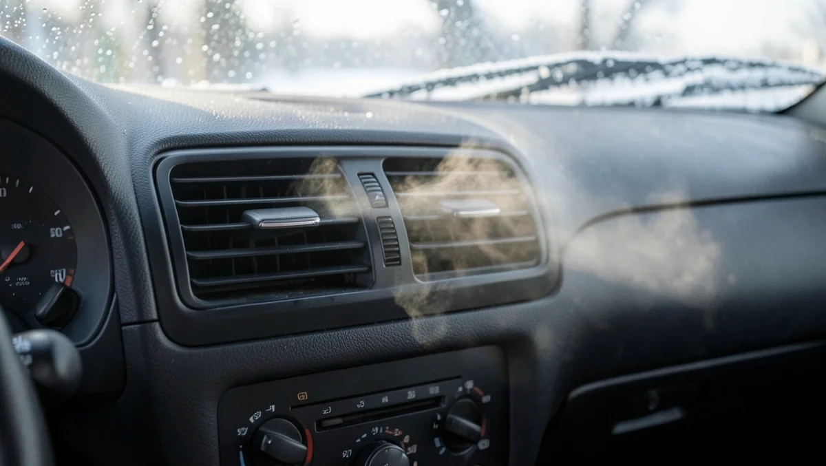 Warm air flowing from car dashboard heater vents with a frosted windshield outside on a winter morning