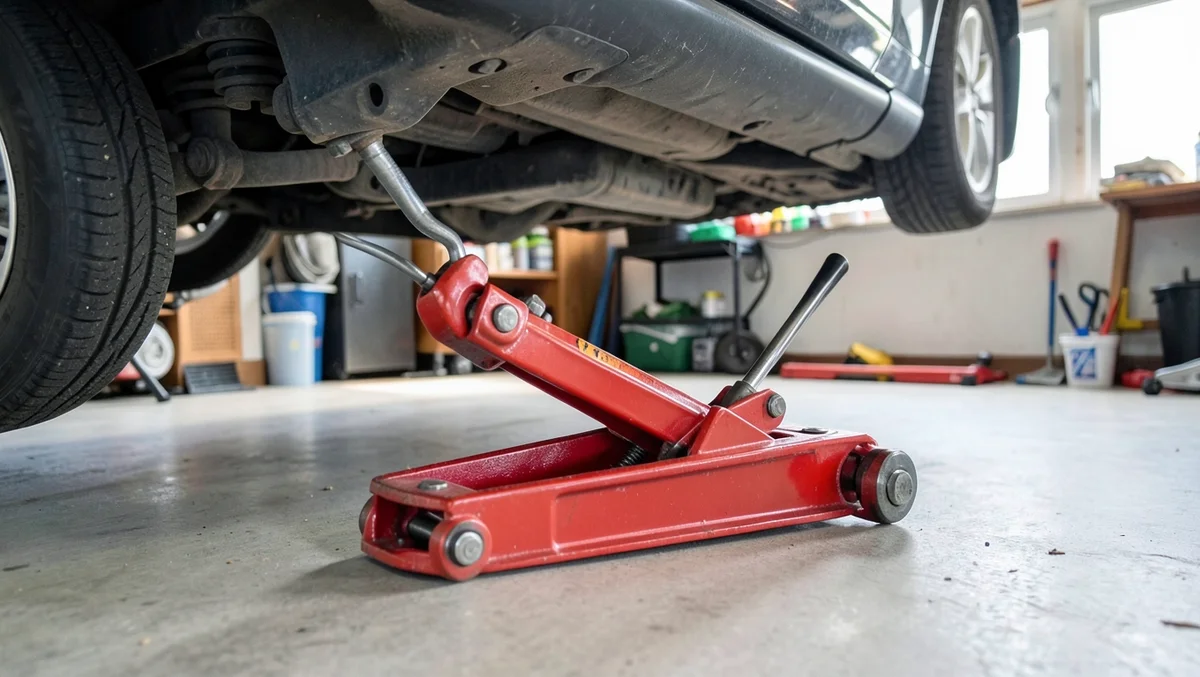 Red hydraulic floor jack lifting a car in a home garage