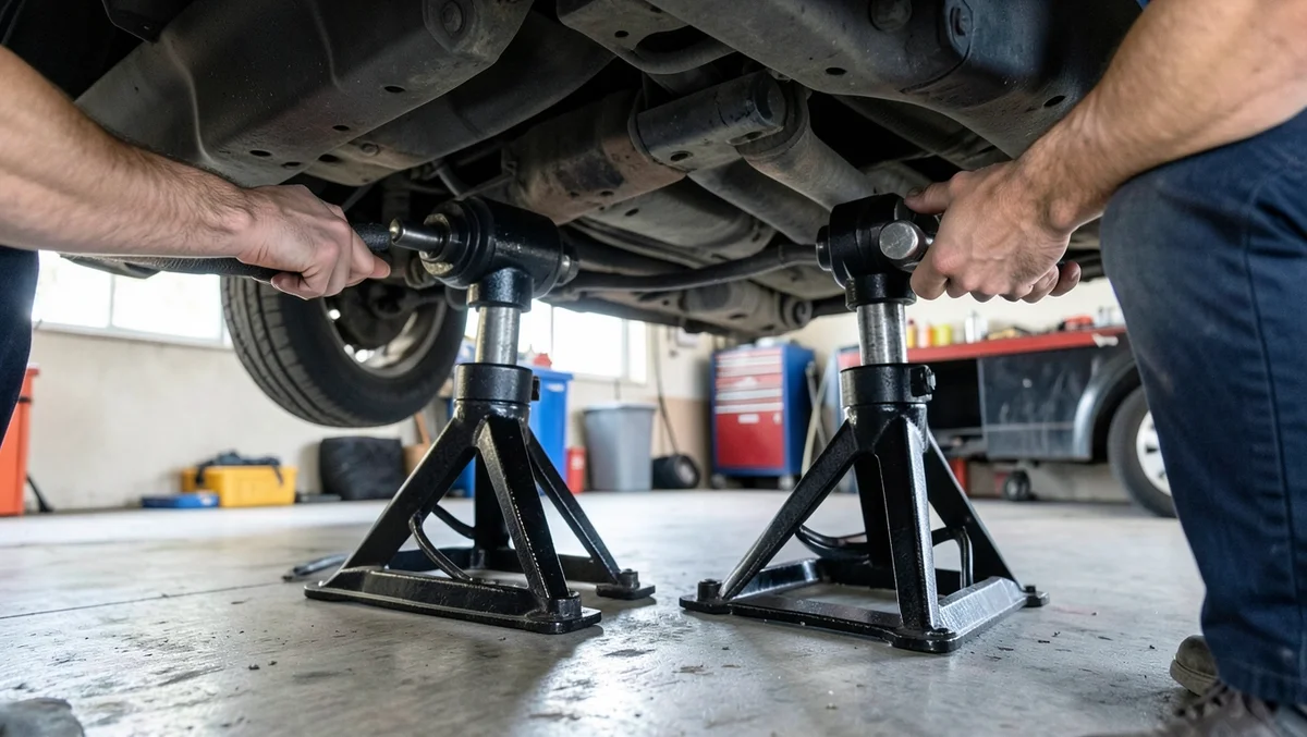 Mechanic placing steel jack stands under a car for support