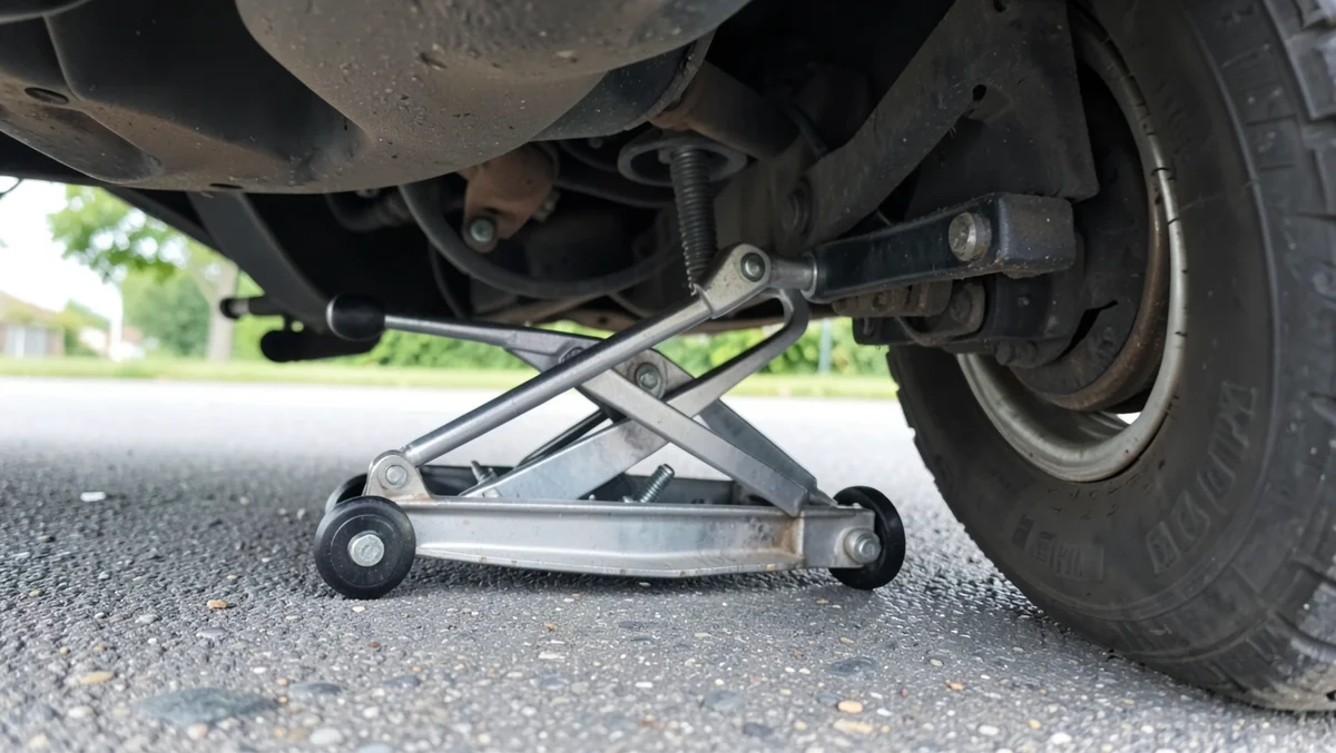Scissor jack positioned under a car near the wheel well