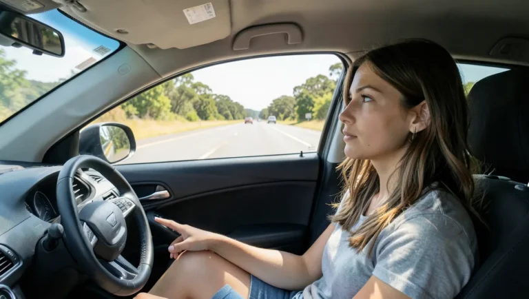 Passenger sitting in the front seat of a car looking forward through the windshield to help prevent car sickness