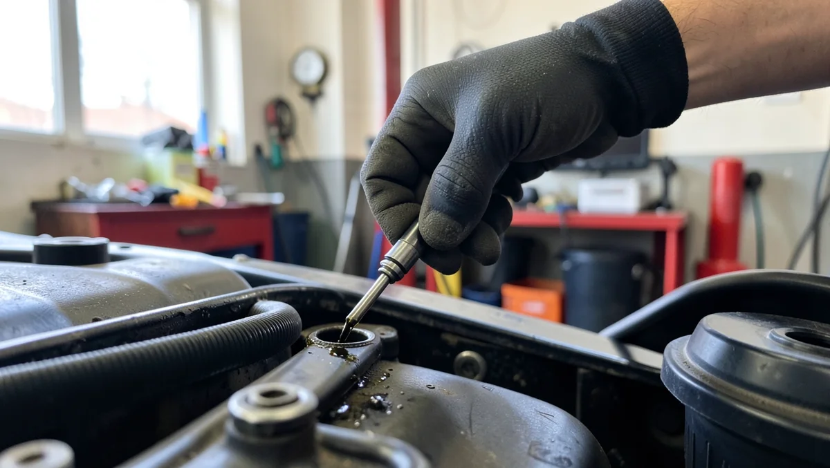 Mechanic using an extractor pump through the dipstick tube to remove excess oil from a car engine
