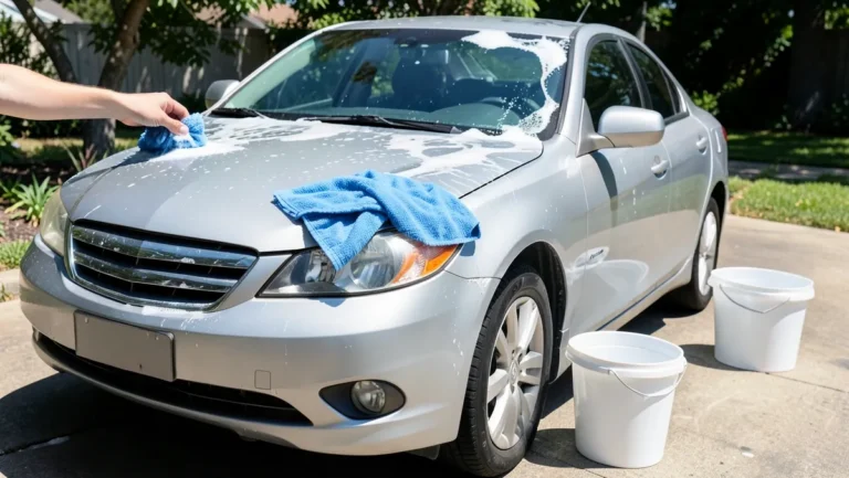 Person hand washing a silver sedan with a microfiber mitt and two wash buckets in a driveway