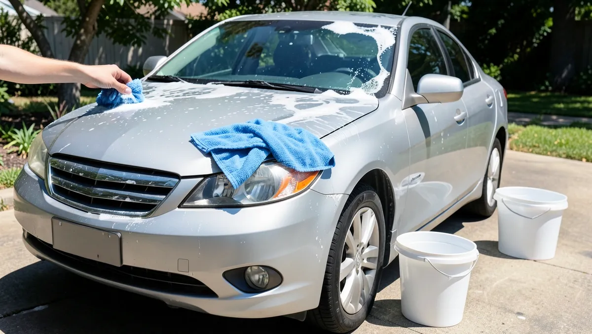 Person hand washing a silver sedan with a microfiber mitt and two wash buckets in a driveway