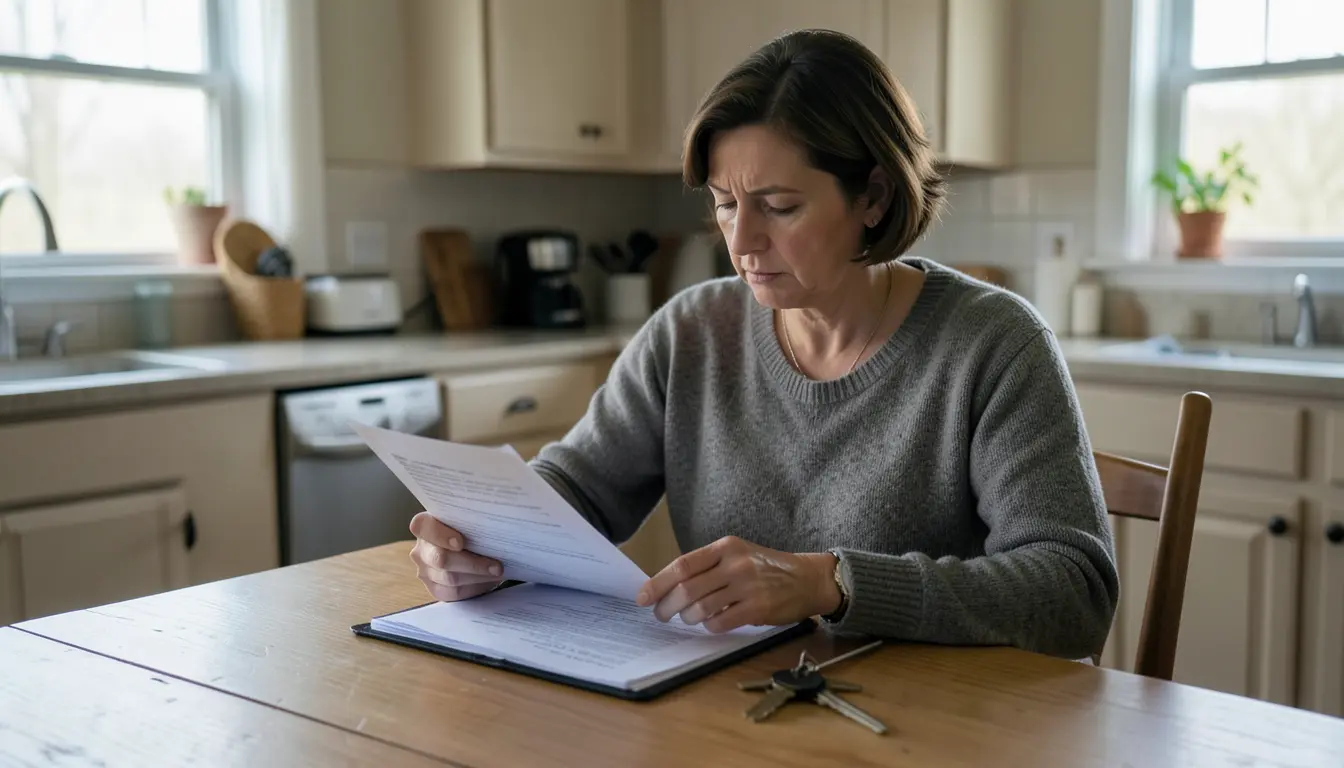 Woman reviewing death certificate and car title paperwork at home