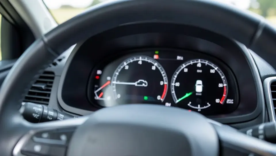Digital instrument cluster in a hybrid car showing a battery charge gauge