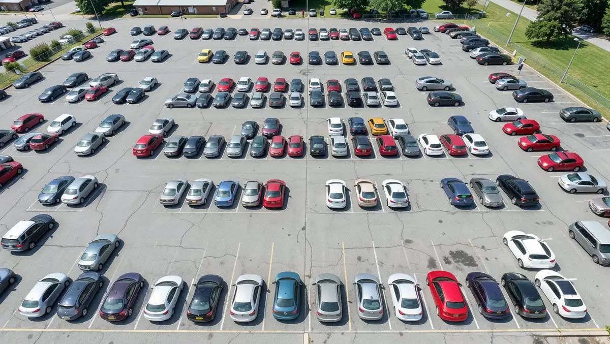 Aerial view of a dealership lot with many cars, representing hybrid car shopping and price comparison
