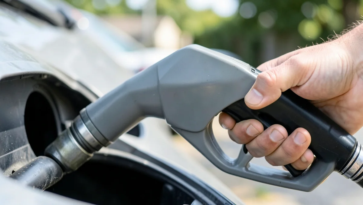 Close-up of a hand refueling a car at a gas pump, representing hybrid fuel efficiency savings