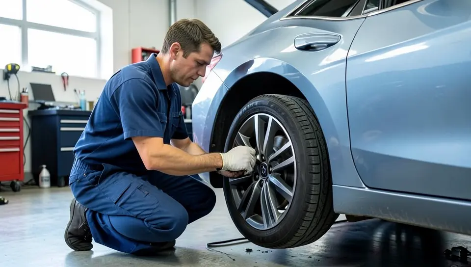 Mechanic checking brake pads on a hybrid car during routine maintenance