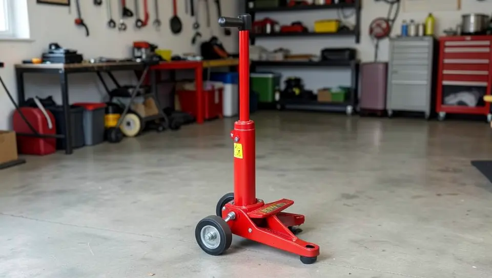Red hydraulic floor jack standing on a garage floor