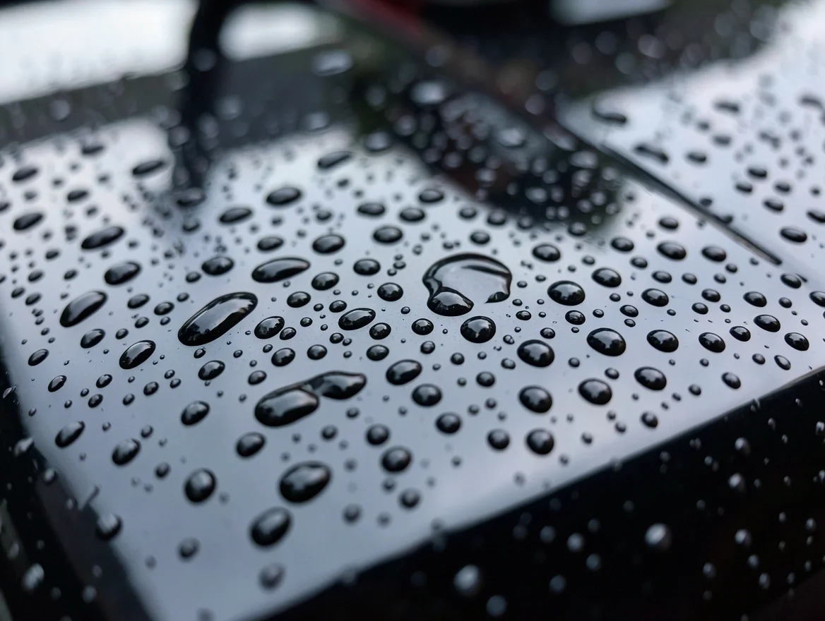 Close-up of water beading on car paint protected by a clear coat sealant