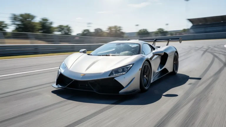 Silver hypercar accelerating down an empty test track at high speed
