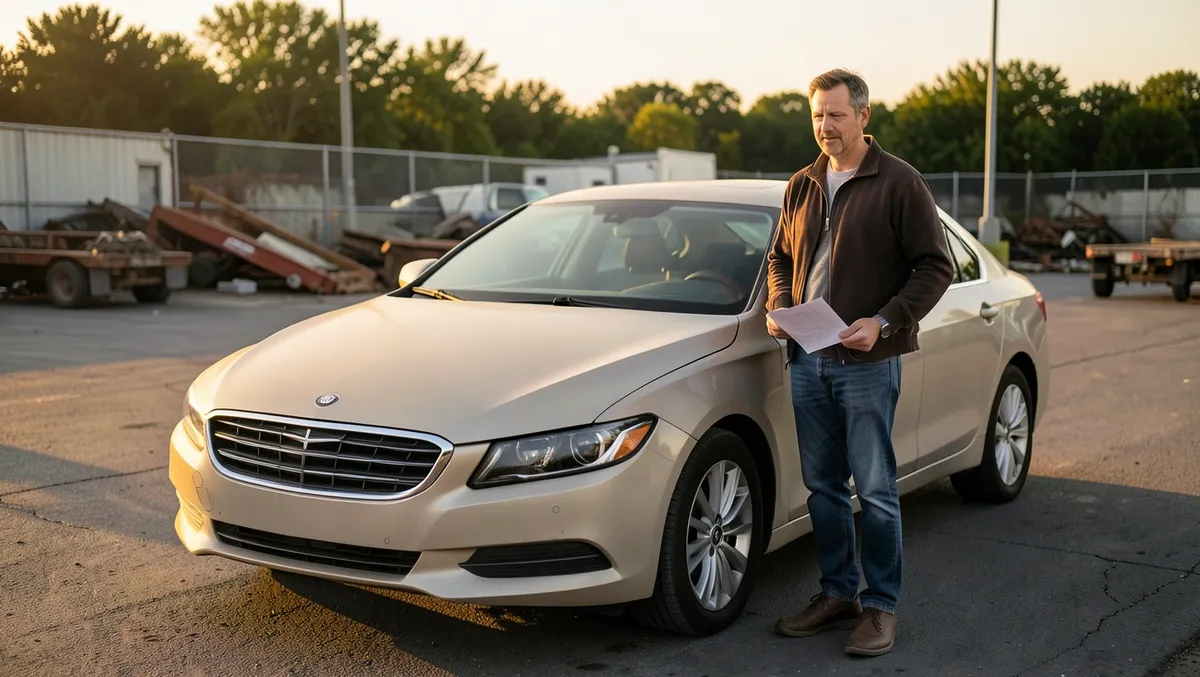 Car owner holding paperwork next to their vehicle at a towing and impound storage yard