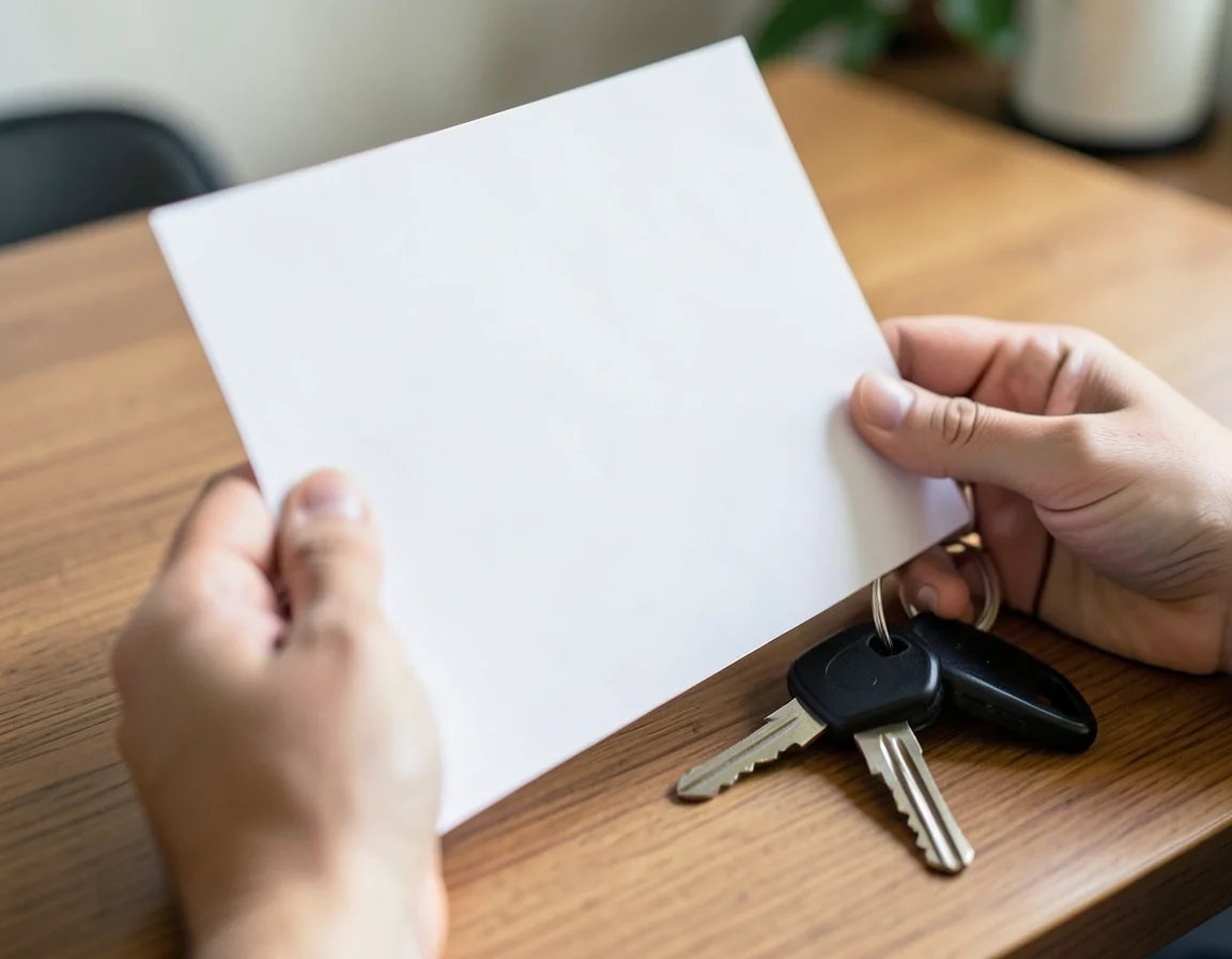 Hands holding car title paperwork and a set of keys used to prove ownership at an impound lot