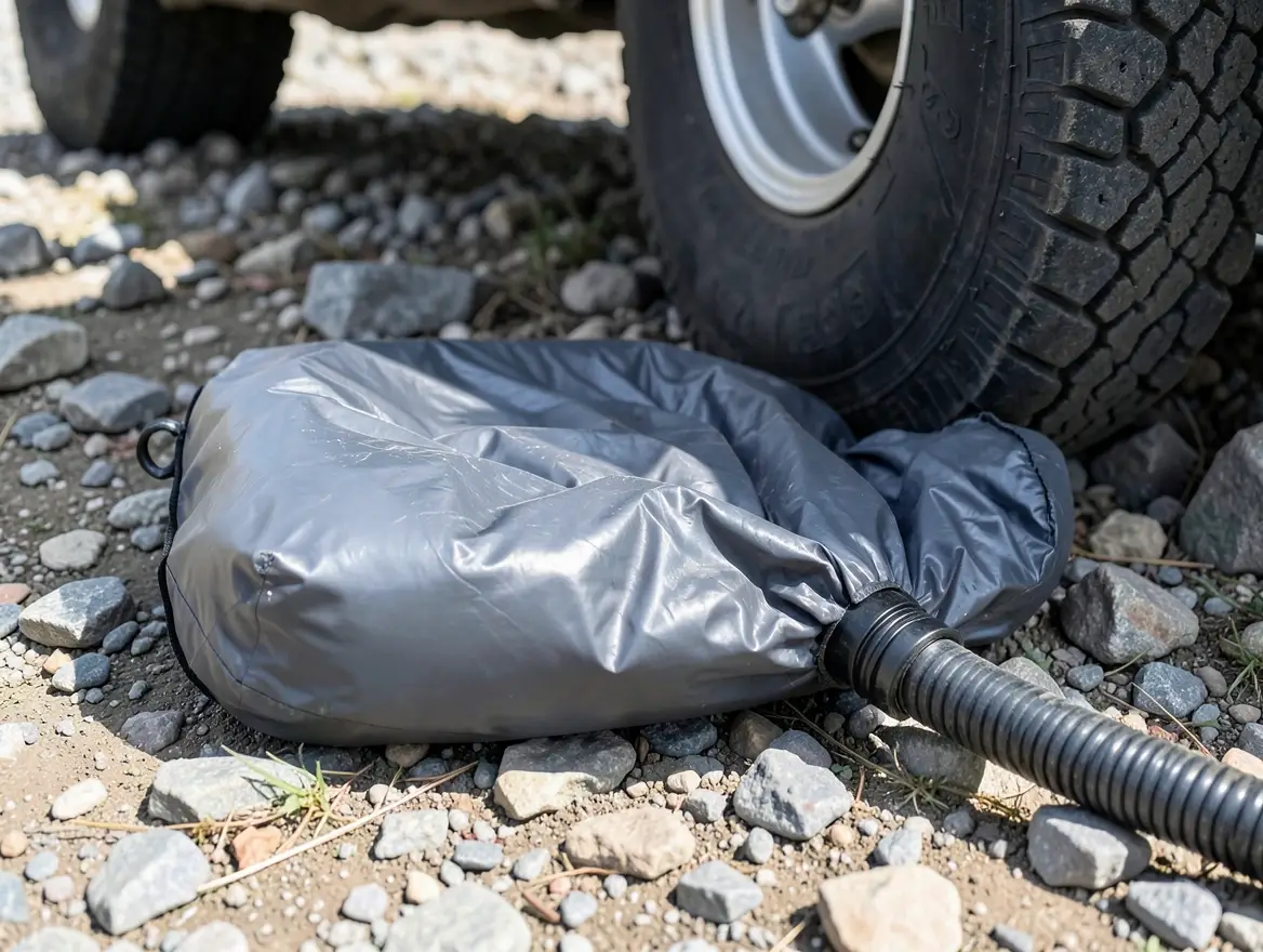Deflated inflatable air jack lifting bag with rubber inflation hose lying on rocky uneven ground next to a truck tire