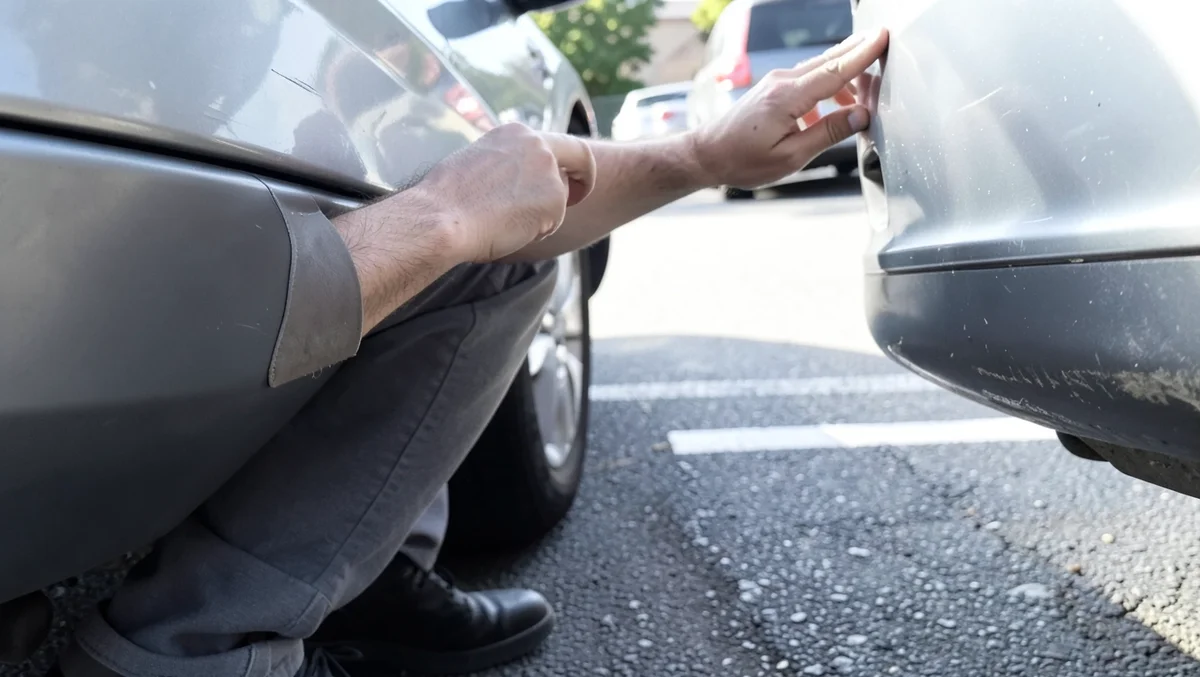 A person crouching to inspect a dent and scratch on a parked car bumper after an accident