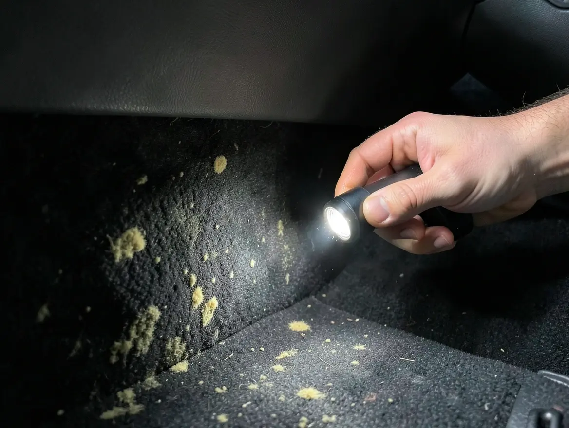 Using a flashlight to check under a car seat and floor carpet for hidden mold growth