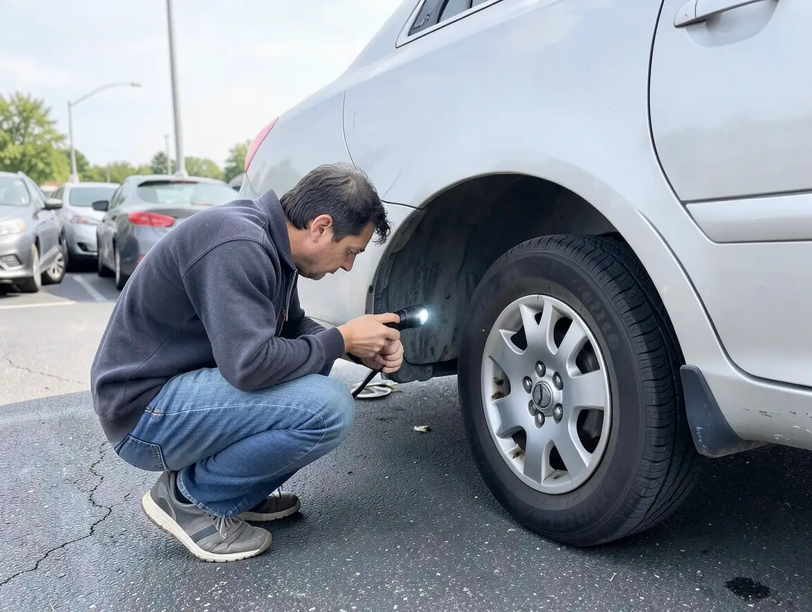 Person inspecting the tire and wheel well of a used car with a flashlight before buying it
