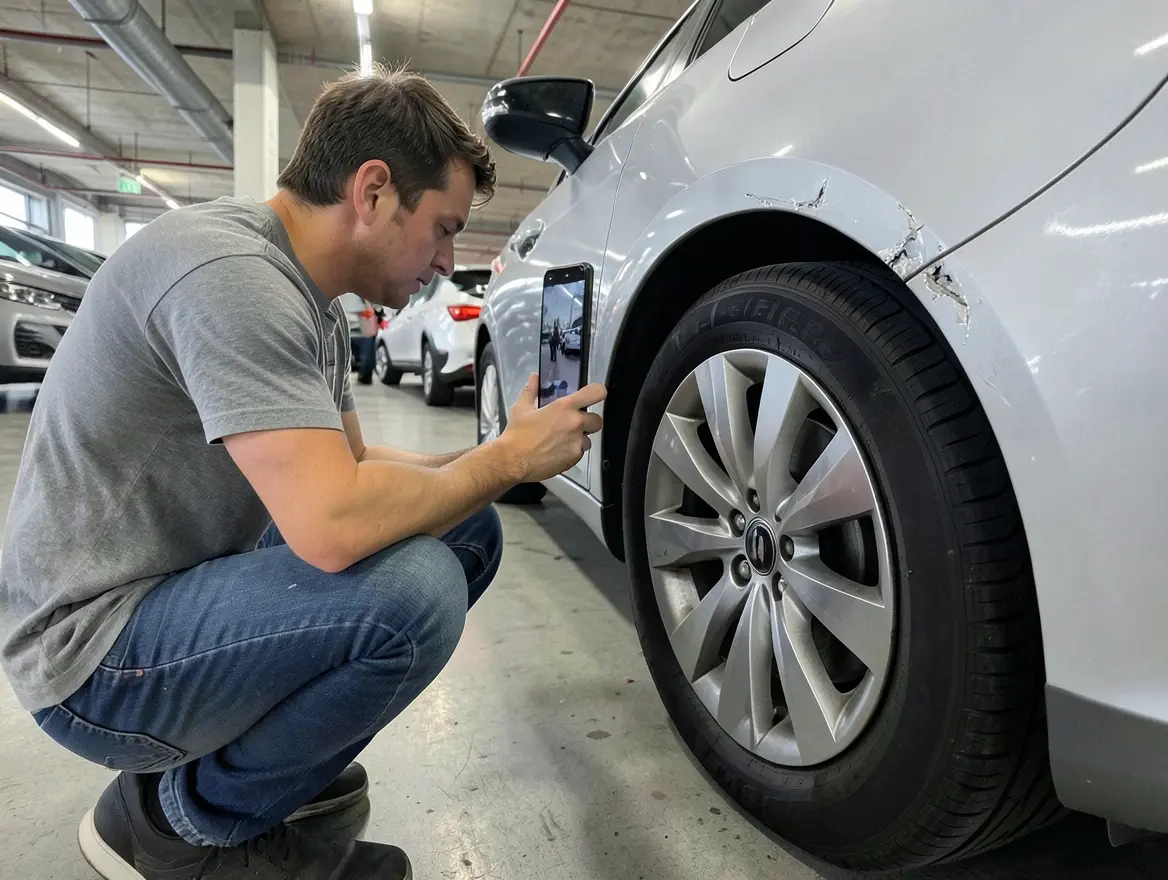 Renter crouching down to photograph a scratch on a rental car fender before driving off the lot