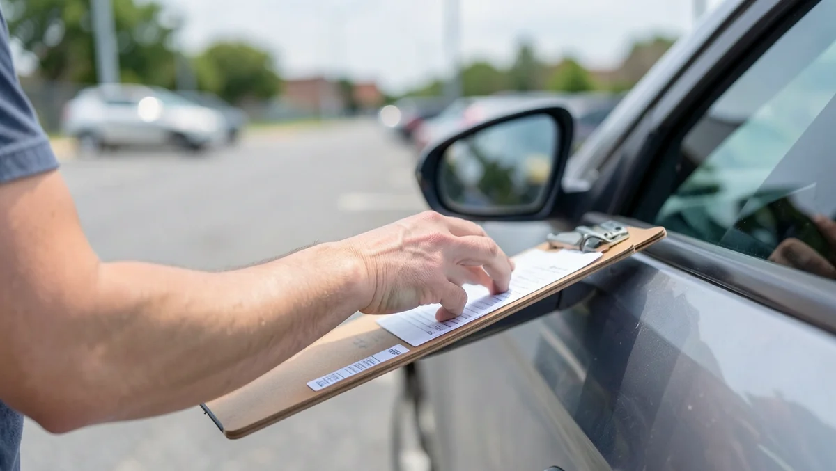 Person using a clipboard to note trade-in vehicle condition before negotiating its value with a dealer