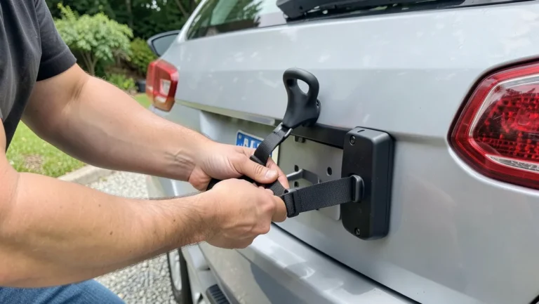 Person tightening the straps of a trunk-mounted bike rack on the back of a sedan