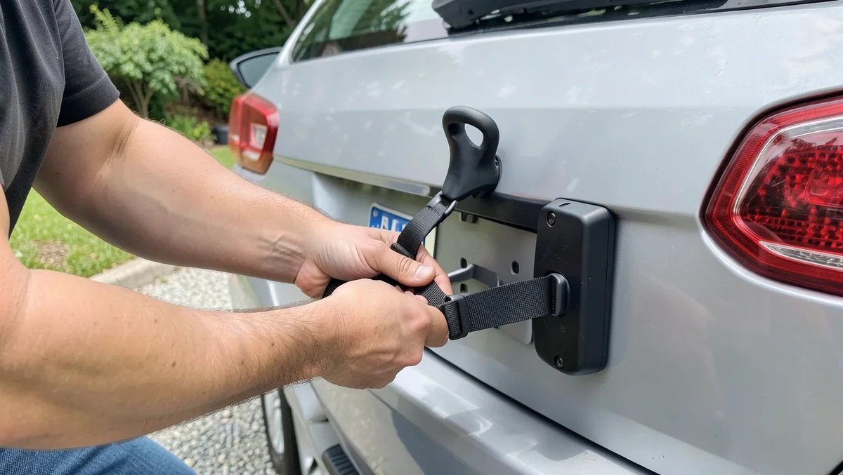 Person tightening the straps of a trunk-mounted bike rack on the back of a sedan