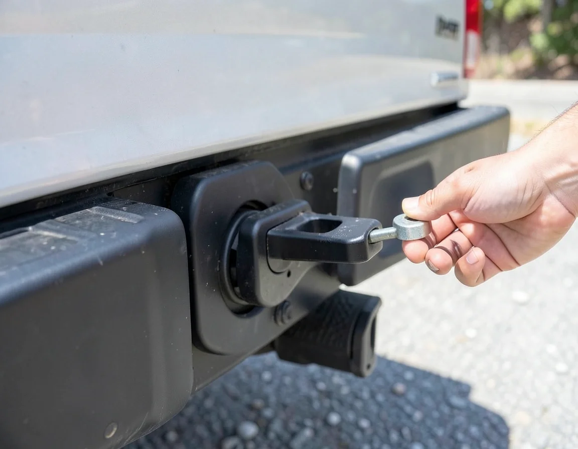 Hand inserting a hitch pin to secure a bike rack into a trailer hitch receiver