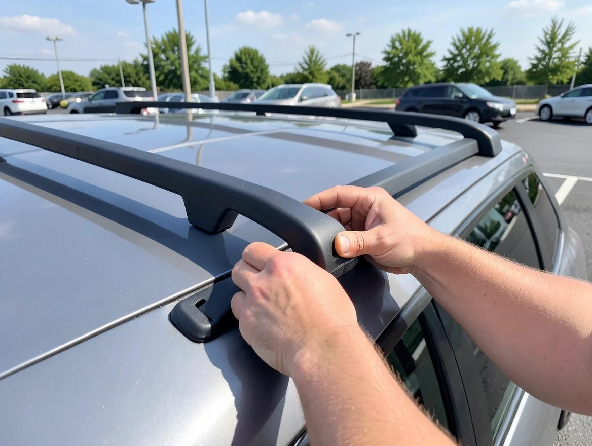 Hands clamping a roof rack crossbar onto the roof rails of an SUV