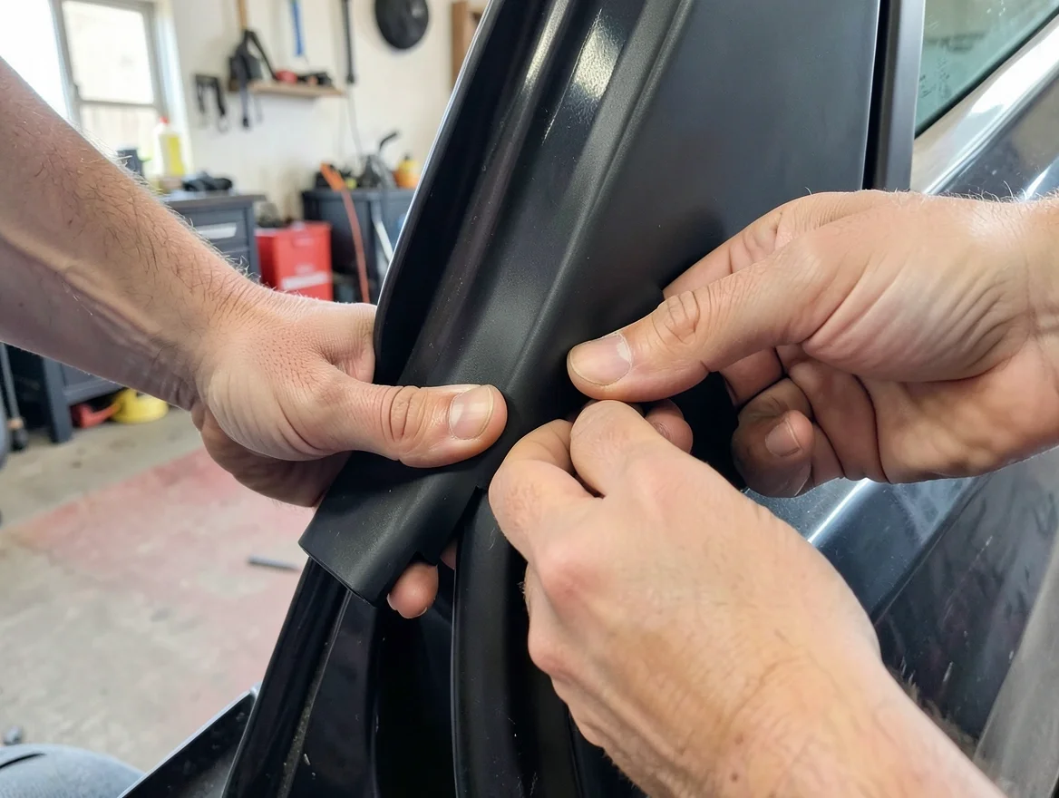 Hands pressing a rubber U-shaped edge guard onto a car door edge during installation