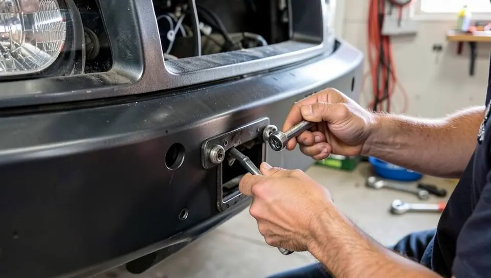 Mechanic using a socket wrench to bolt an aftermarket steel front bumper onto its mounting bracket