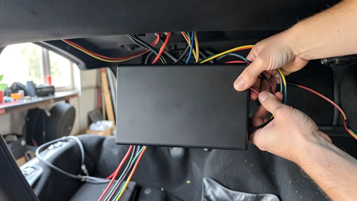 Technician wiring a digital equalizer processor under a car seat
