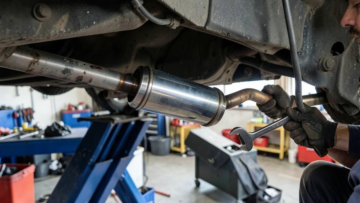 Mechanic installing a glasspack muffler onto a car exhaust pipe with a wrench