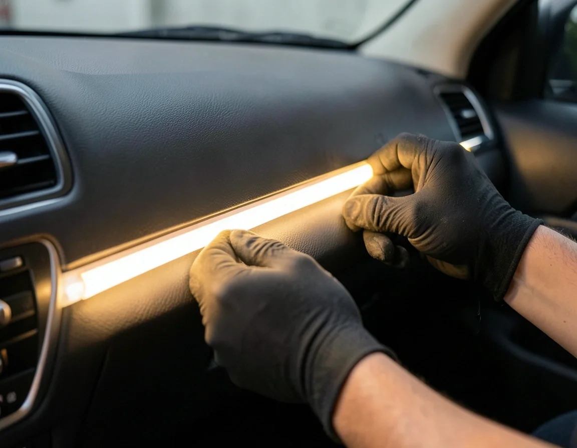 Gloved hands installing a warm white LED light strip along a car dashboard trim