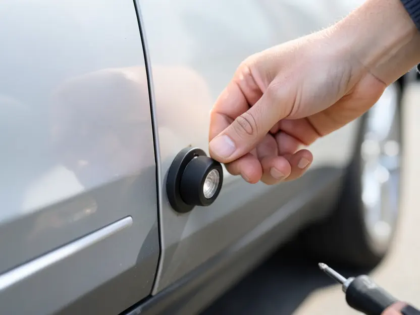 Hand installing a small LED puddle light module onto the underside edge of a car door