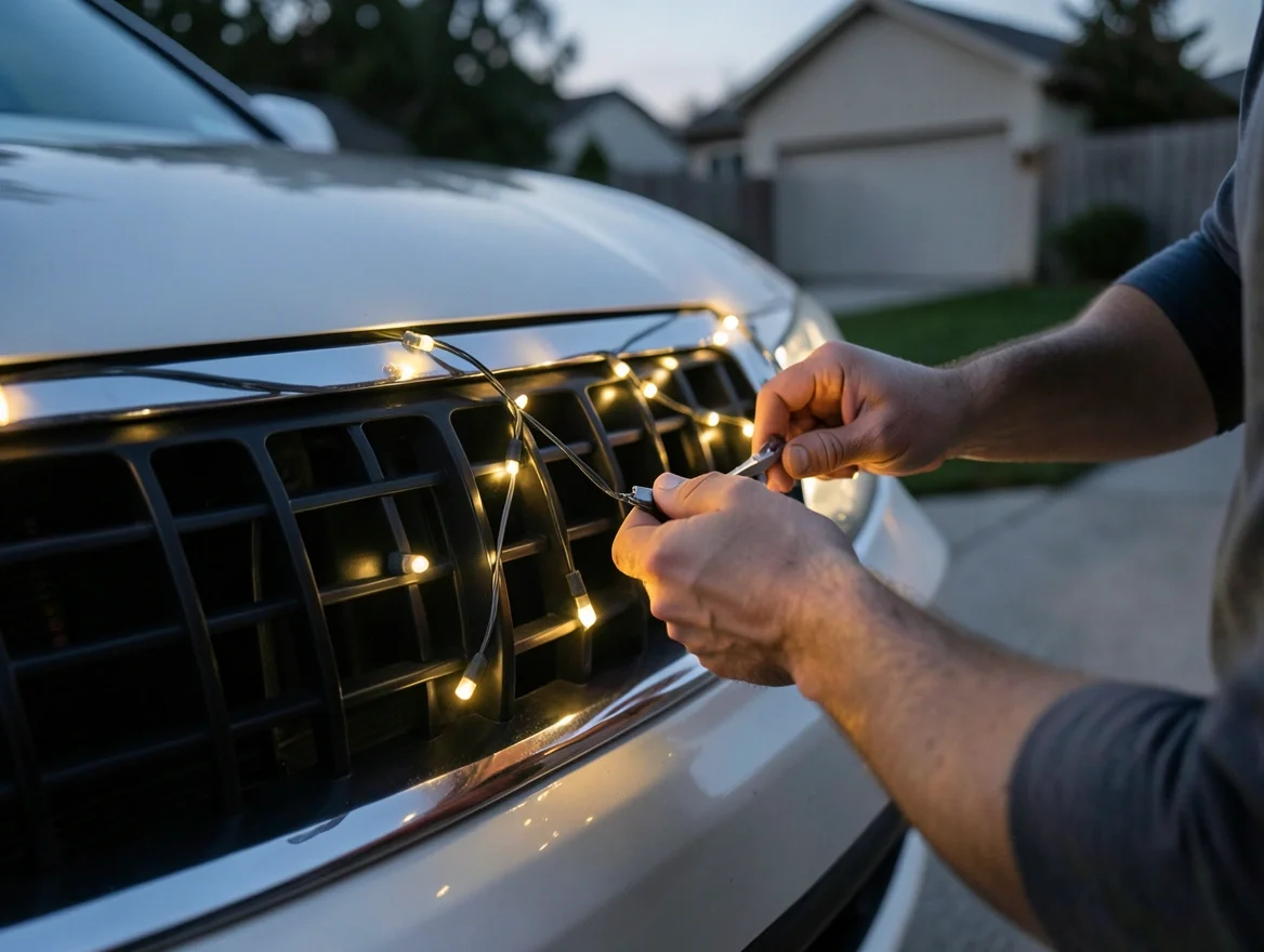 Person installing warm white LED string lights on a car's front grille and hood in a driveway