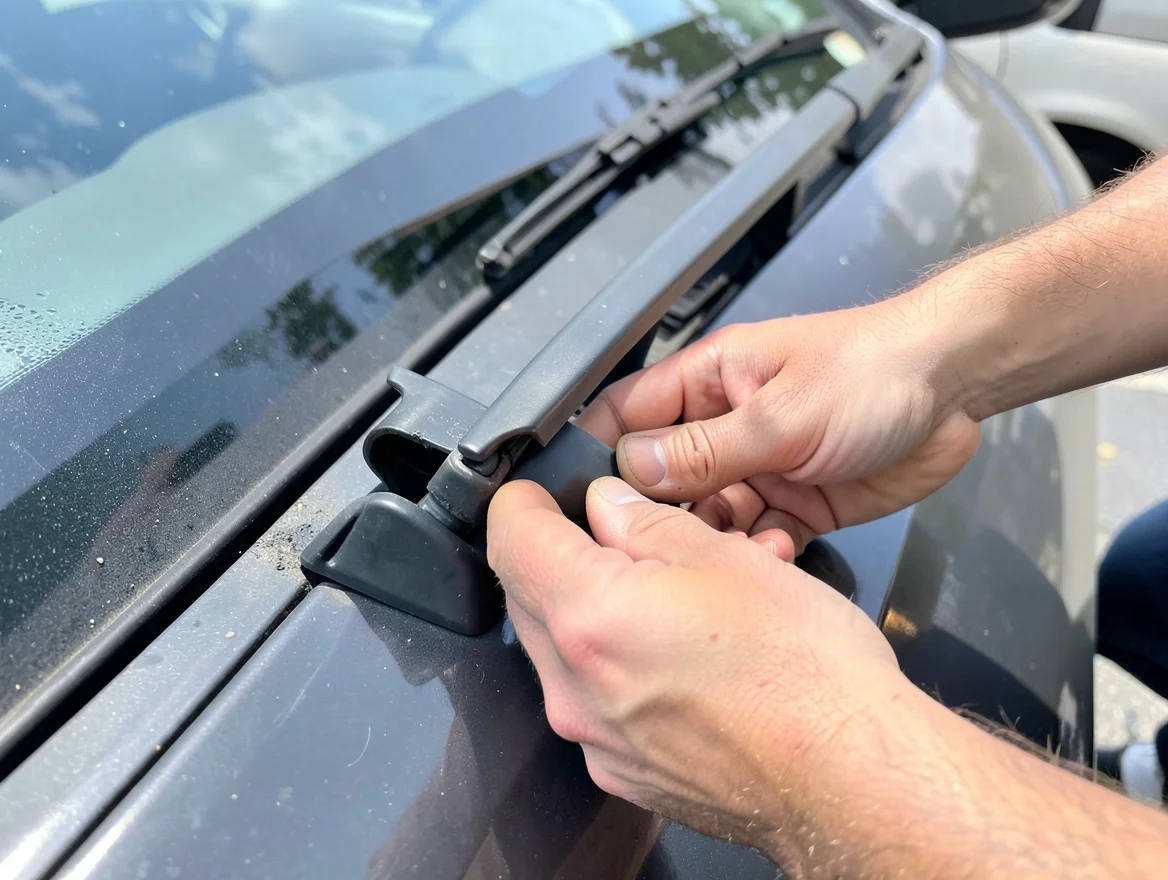 Hands installing a new wiper blade onto a car wiper arm