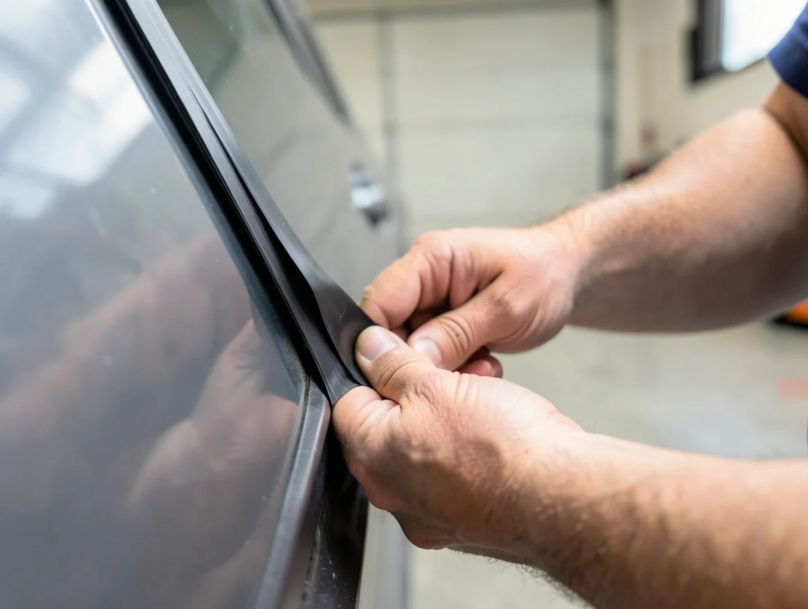 Hands applying a self-adhesive black rubber weatherstripping seal strip along a car door frame edge