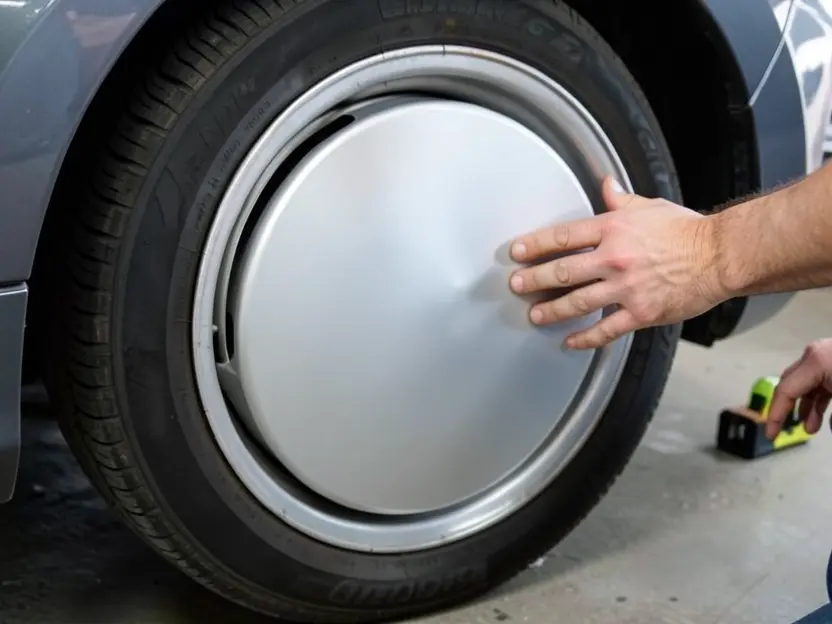 Hand pressing a snap-on plastic wheel cover onto a car wheel