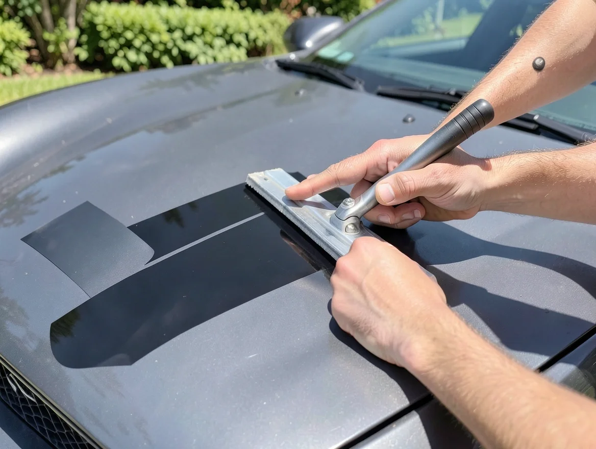Person using a squeegee tool to smooth a vinyl sport decal onto a car hood