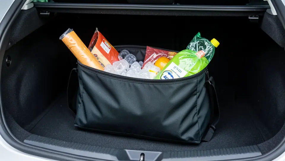 An insulated cooler bag with ice packs and groceries inside a car trunk
